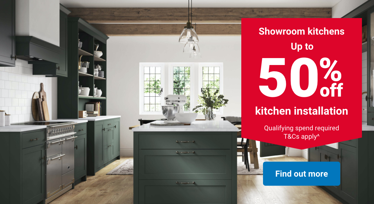 Showroom kitchens up to 50% off kitchen installation. Qualifying spend required. T&Cs apply